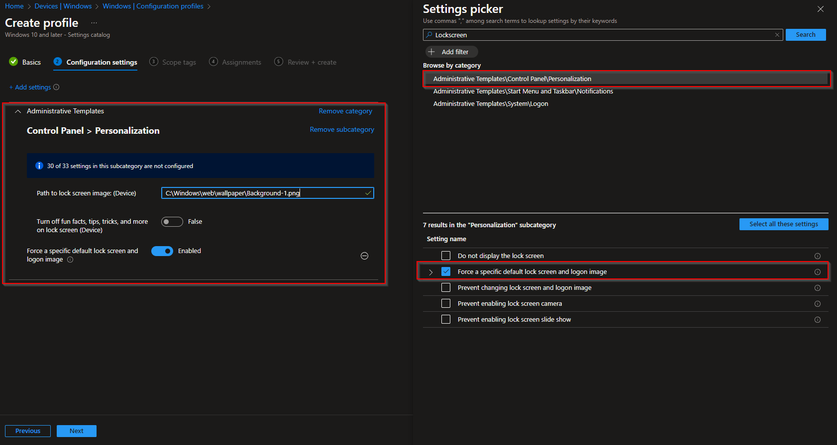 Configuring lock screen image path in Settings catalog